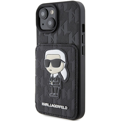 Deksel for Apple iPhone 15, Karl Lagerfeld, Saffiano Cardslots and Stand Monogram Ikonik Karl, Svart