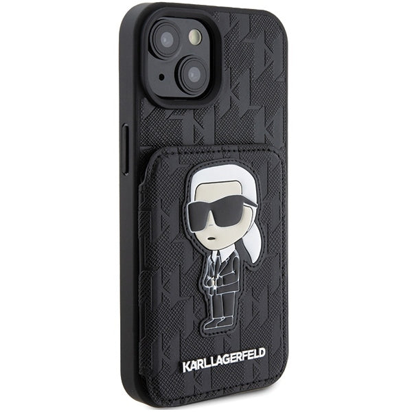 Deksel for Apple iPhone 15, Karl Lagerfeld, Saffiano Cardslots and Stand Monogram Ikonik Karl, Svart