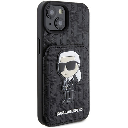 Deksel for Apple iPhone 15, Karl Lagerfeld, Saffiano Cardslots and Stand Monogram Ikonik Karl, Svart