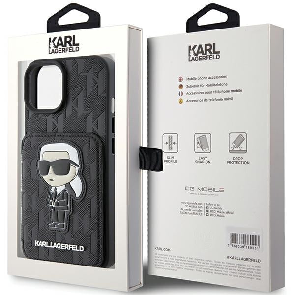 Deksel for Apple iPhone 15, Karl Lagerfeld, Saffiano Cardslots and Stand Monogram Ikonik Karl, Svart