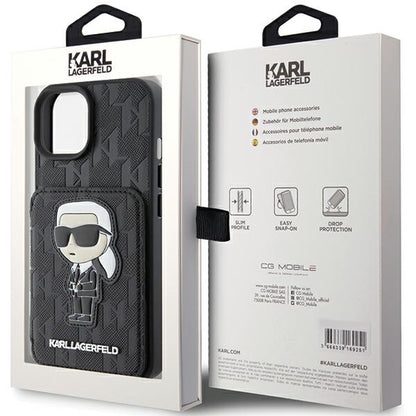 Deksel for Apple iPhone 15, Karl Lagerfeld, Saffiano Cardslots and Stand Monogram Ikonik Karl, Svart