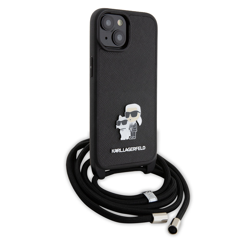 Deksel for Apple iPhone 15, Karl Lagerfeld, Saffiano Crossbody Metal Pin Karl & Choupette, Svart