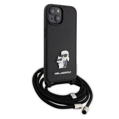 Deksel for Apple iPhone 15, Karl Lagerfeld, Saffiano Crossbody Metal Pin Karl & Choupette, Svart