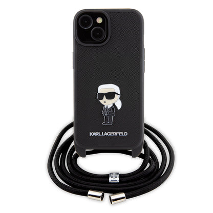 Deksel for Apple iPhone 15, Karl Lagerfeld, Saffiano Crossbody Monogram Metal Pin Karl, Svart
