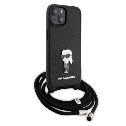 Deksel for Apple iPhone 15, Karl Lagerfeld, Saffiano Crossbody Monogram Metal Pin Karl, Svart