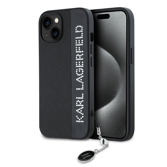 Deksel for Apple iPhone 15, Karl Lagerfeld, Saffiano Rhinestones & Charm, Svart