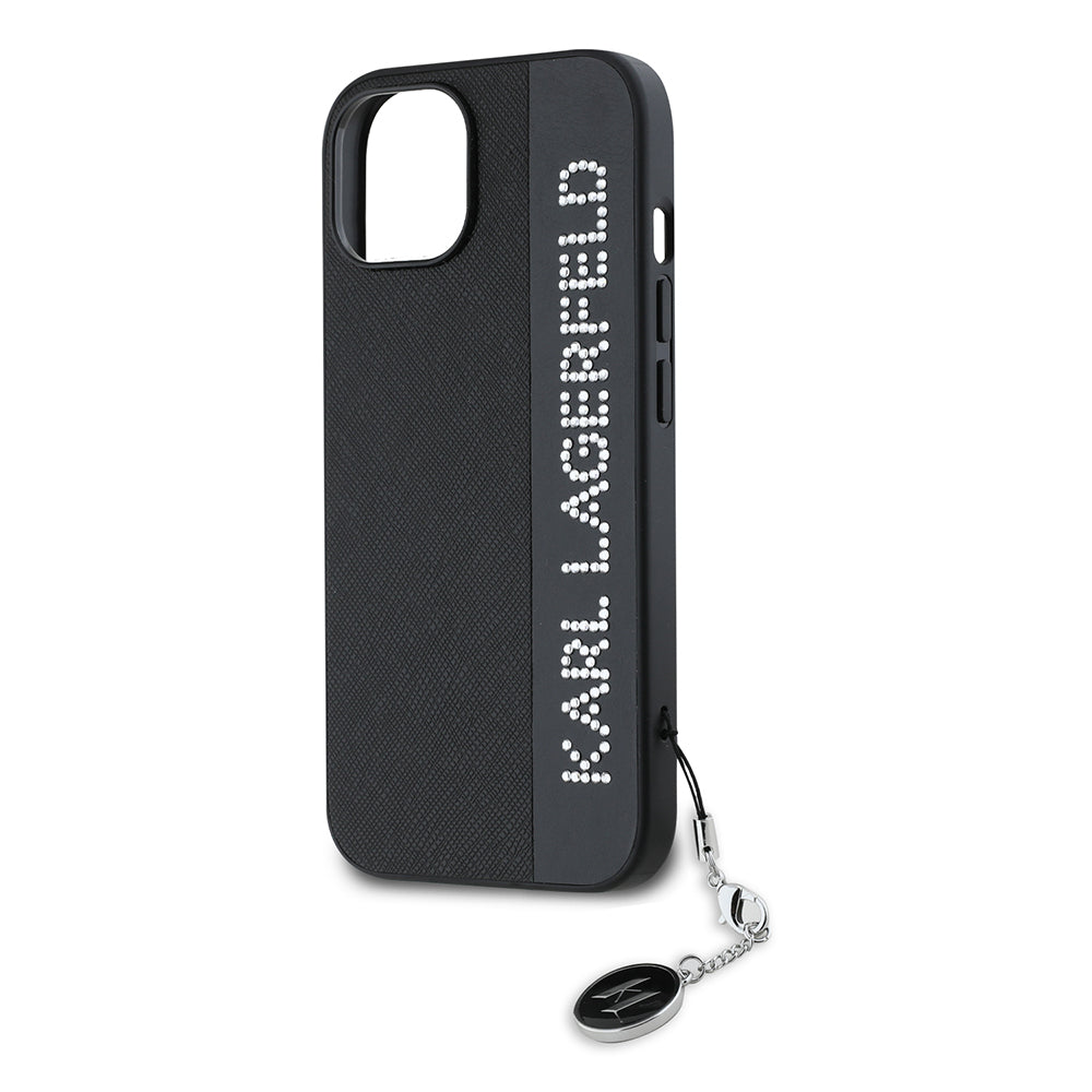 Deksel for Apple iPhone 15, Karl Lagerfeld, Saffiano Rhinestones & Charm, Svart