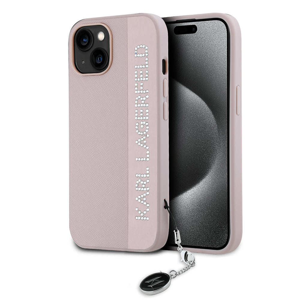 Deksel for Apple iPhone 15, Karl Lagerfeld, Saffiano Rhinestones & Charm, Rosa
