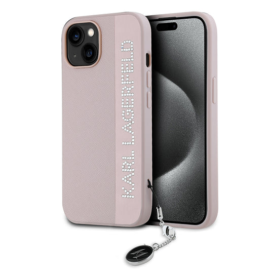 Deksel for Apple iPhone 15, Karl Lagerfeld, Saffiano Rhinestones & Charm, Rosa