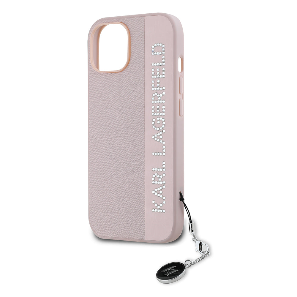 Deksel for Apple iPhone 15, Karl Lagerfeld, Saffiano Rhinestones & Charm, Rosa