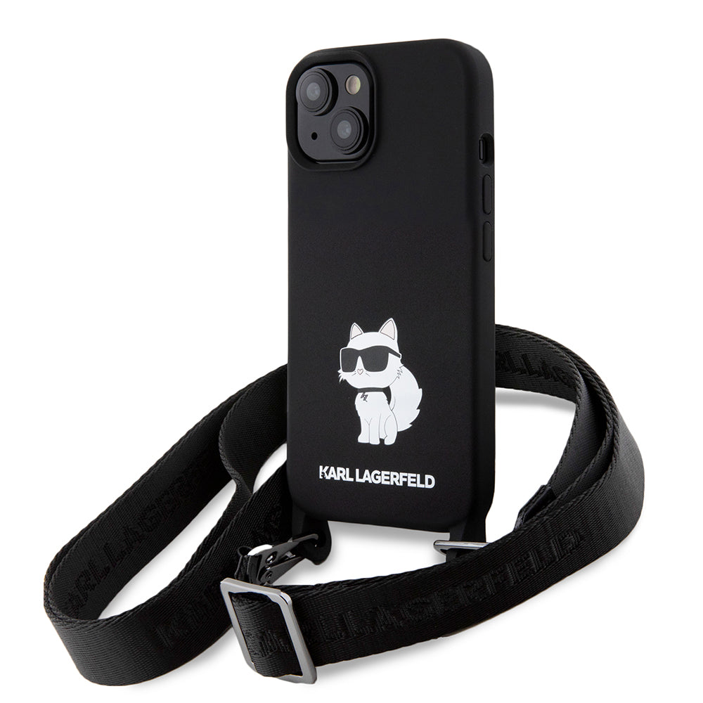 Deksel for Apple iPhone 15, Karl Lagerfeld, Silicone Crossbody Choupette, Svart