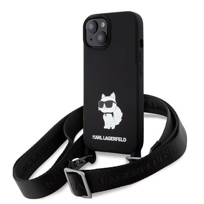 Deksel for Apple iPhone 15, Karl Lagerfeld, Silicone Crossbody Choupette, Svart