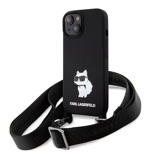 Deksel for Apple iPhone 15, Karl Lagerfeld, Silicone Crossbody Choupette, Svart