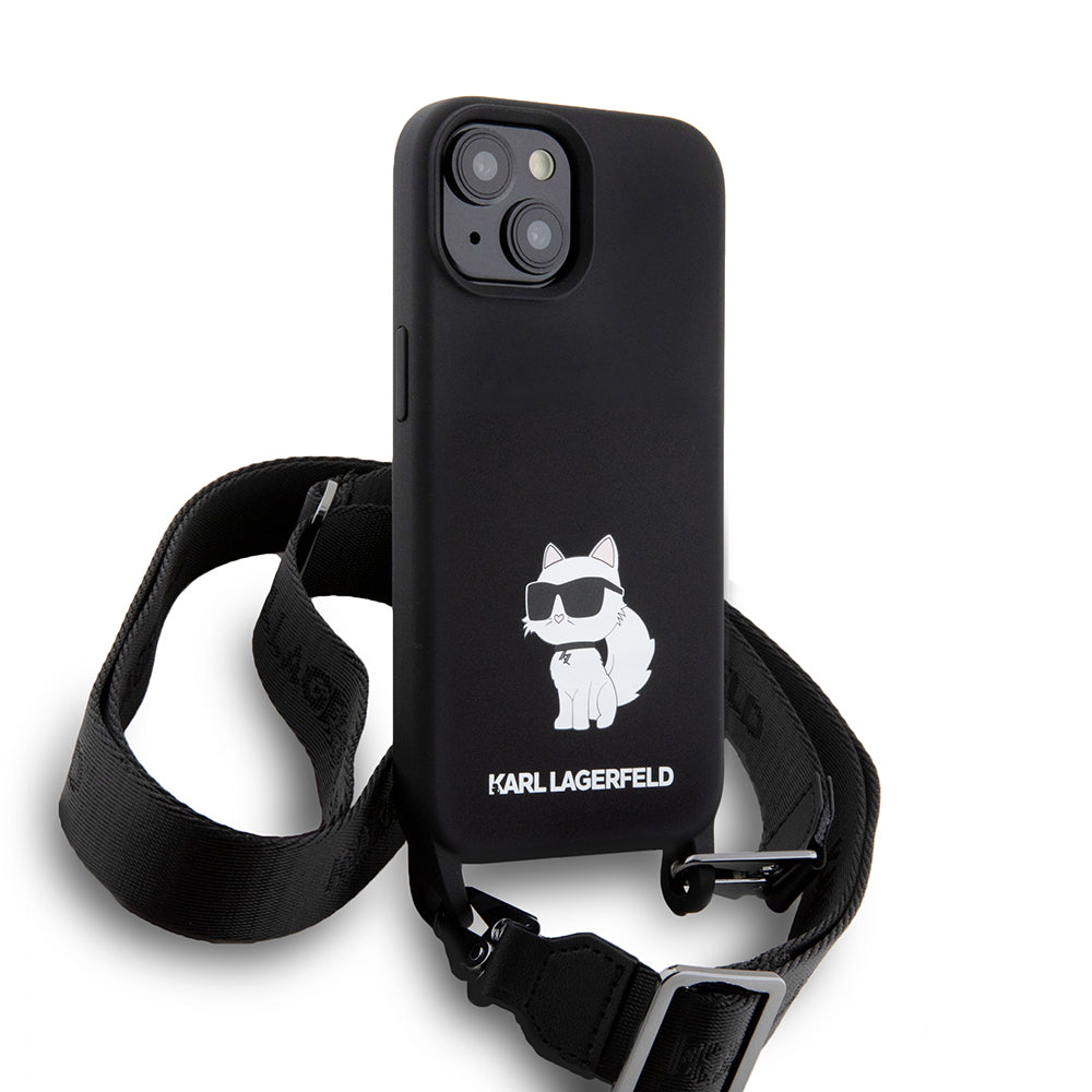 Deksel for Apple iPhone 15, Karl Lagerfeld, Silicone Crossbody Choupette, Svart