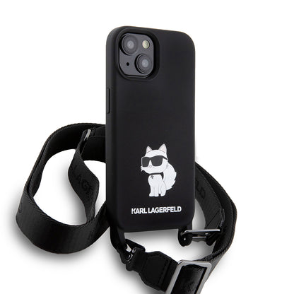 Deksel for Apple iPhone 15, Karl Lagerfeld, Silicone Crossbody Choupette, Svart