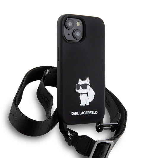 Deksel for Apple iPhone 15, Karl Lagerfeld, Silicone Crossbody Choupette, Svart