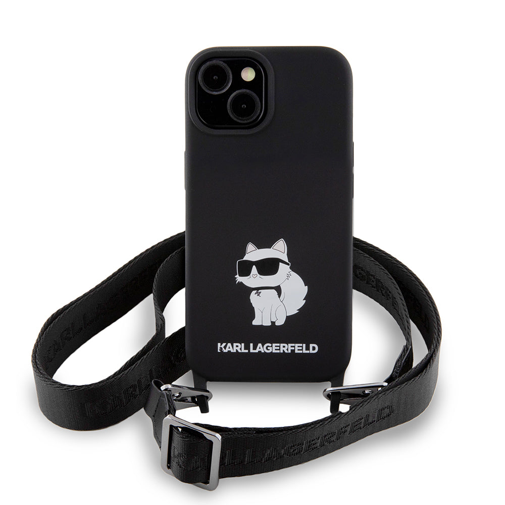 Deksel for Apple iPhone 15, Karl Lagerfeld, Silicone Crossbody Choupette, Svart