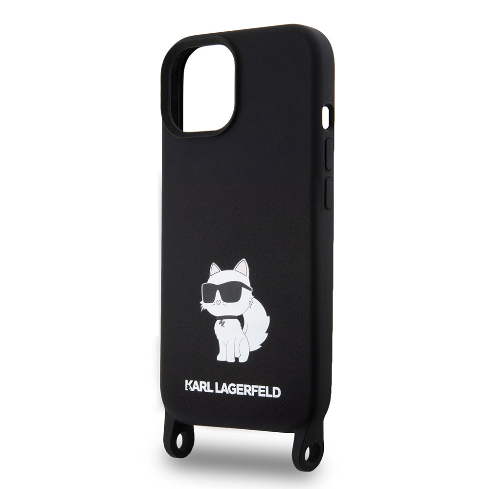 Deksel for Apple iPhone 15, Karl Lagerfeld, Silicone Crossbody Choupette, Svart