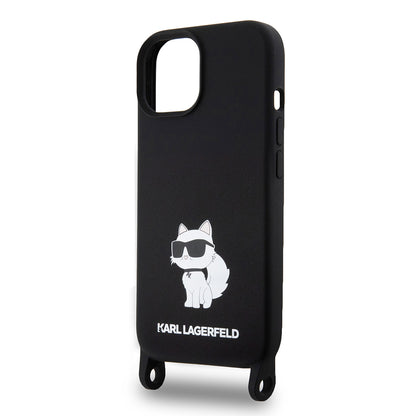 Deksel for Apple iPhone 15, Karl Lagerfeld, Silicone Crossbody Choupette, Svart