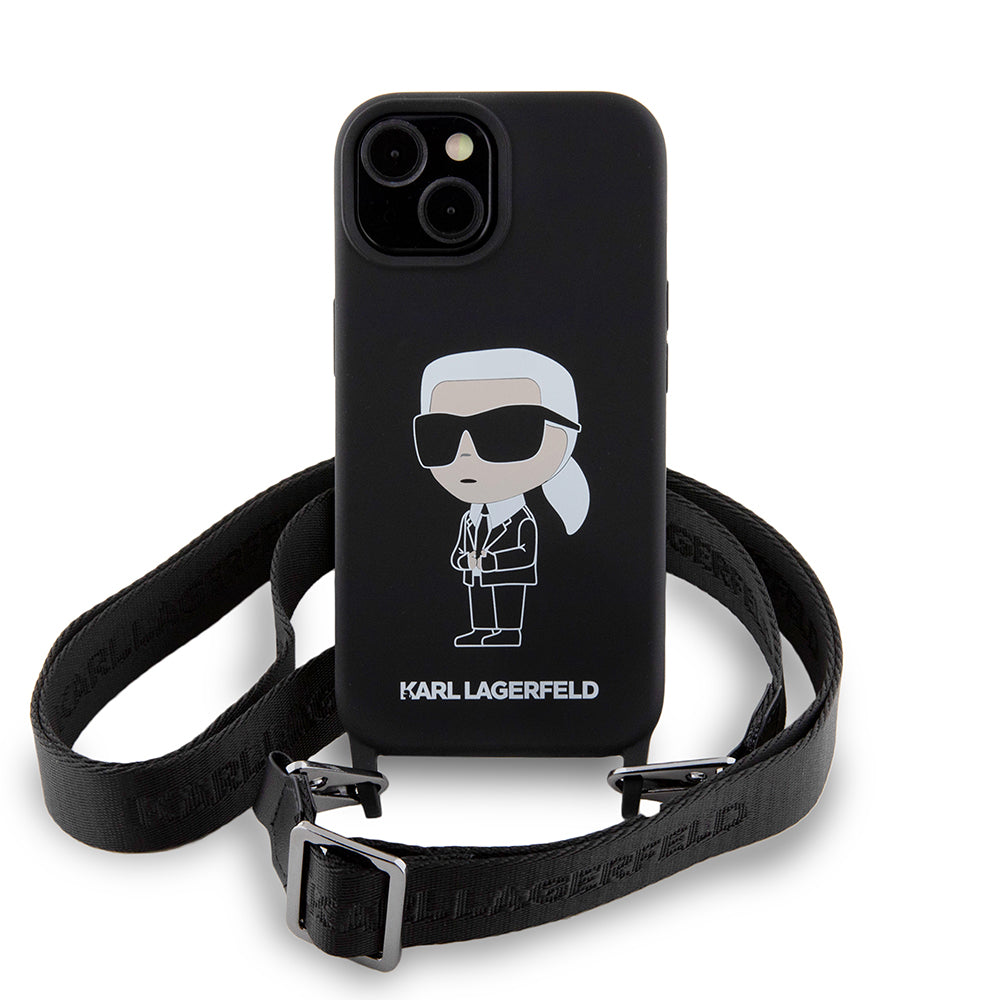 Deksel for Apple iPhone 15, Karl Lagerfeld, Silicone Crossbody Ikonik Karl, Svart