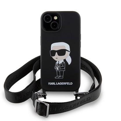 Deksel for Apple iPhone 15, Karl Lagerfeld, Silicone Crossbody Ikonik Karl, Svart
