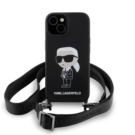 Deksel for Apple iPhone 15, Karl Lagerfeld, Silicone Crossbody Ikonik Karl, Svart