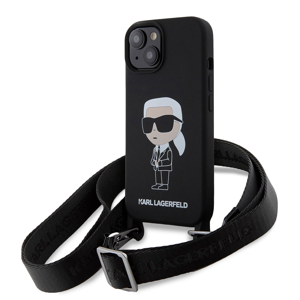 Deksel for Apple iPhone 15, Karl Lagerfeld, Silicone Crossbody Ikonik Karl, Svart