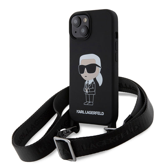 Deksel for Apple iPhone 15, Karl Lagerfeld, Silicone Crossbody Ikonik Karl, Svart