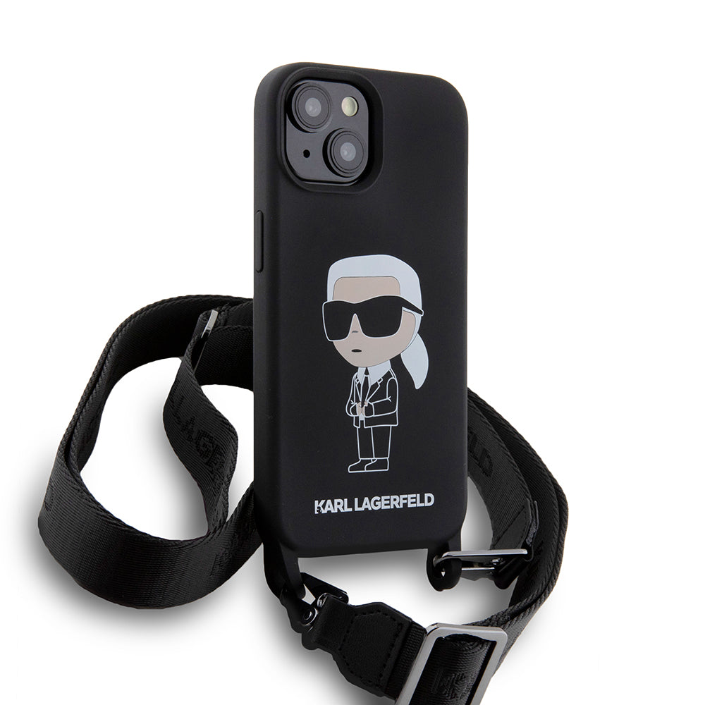 Deksel for Apple iPhone 15, Karl Lagerfeld, Silicone Crossbody Ikonik Karl, Svart