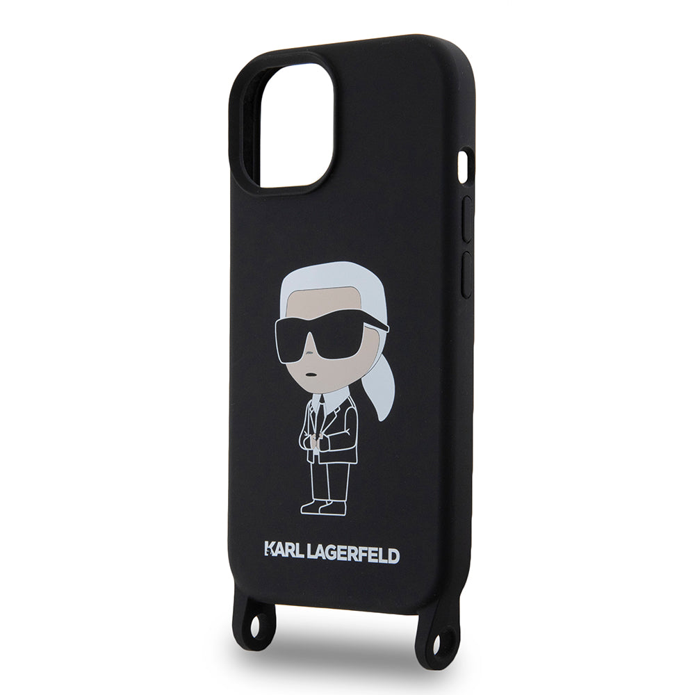 Deksel for Apple iPhone 15, Karl Lagerfeld, Silicone Crossbody Ikonik Karl, Svart