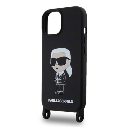 Deksel for Apple iPhone 15, Karl Lagerfeld, Silicone Crossbody Ikonik Karl, Svart