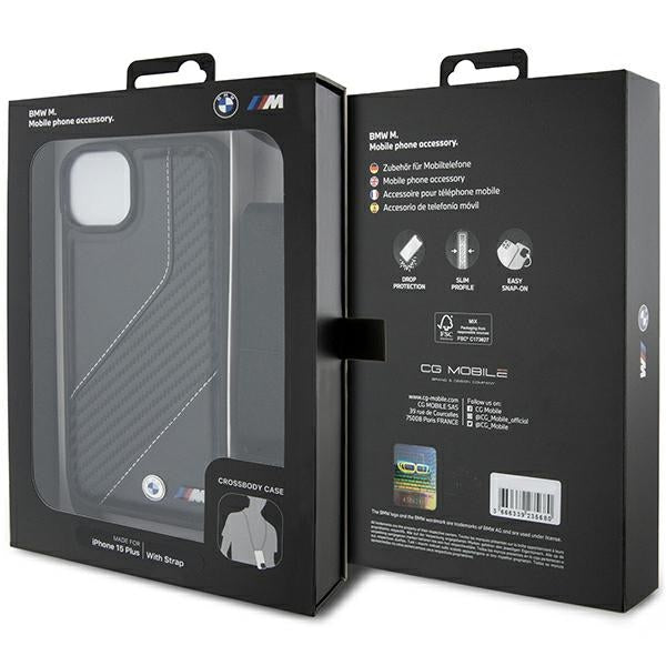 Deksel for Apple iPhone 15 Plus, BMW, M Edition Carbon Stripe & Strap, Svart