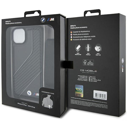 Deksel for Apple iPhone 15 Plus, BMW, M Edition Carbon Stripe & Strap, Svart