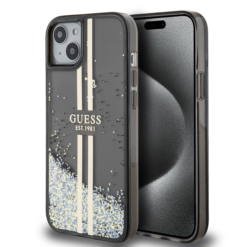 Deksel for Apple iPhone 15 Plus, Guess, Liquid Glitter Gold Stripes, Svart