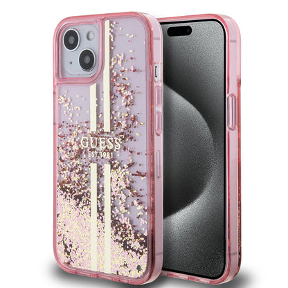 Deksel for Apple iPhone 15 Plus, Guess, Liquid Glitter Gold Stripes, Rosa