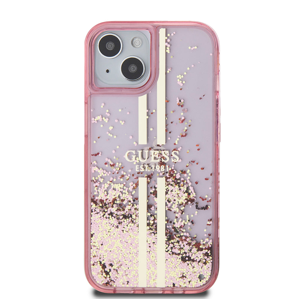 Deksel for Apple iPhone 15 Plus, Guess, Liquid Glitter Gold Stripes, Rosa
