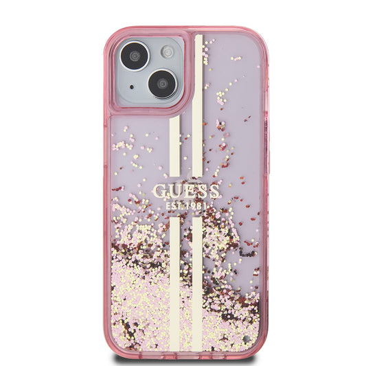 Deksel for Apple iPhone 15 Plus, Guess, Liquid Glitter Gold Stripes, Rosa