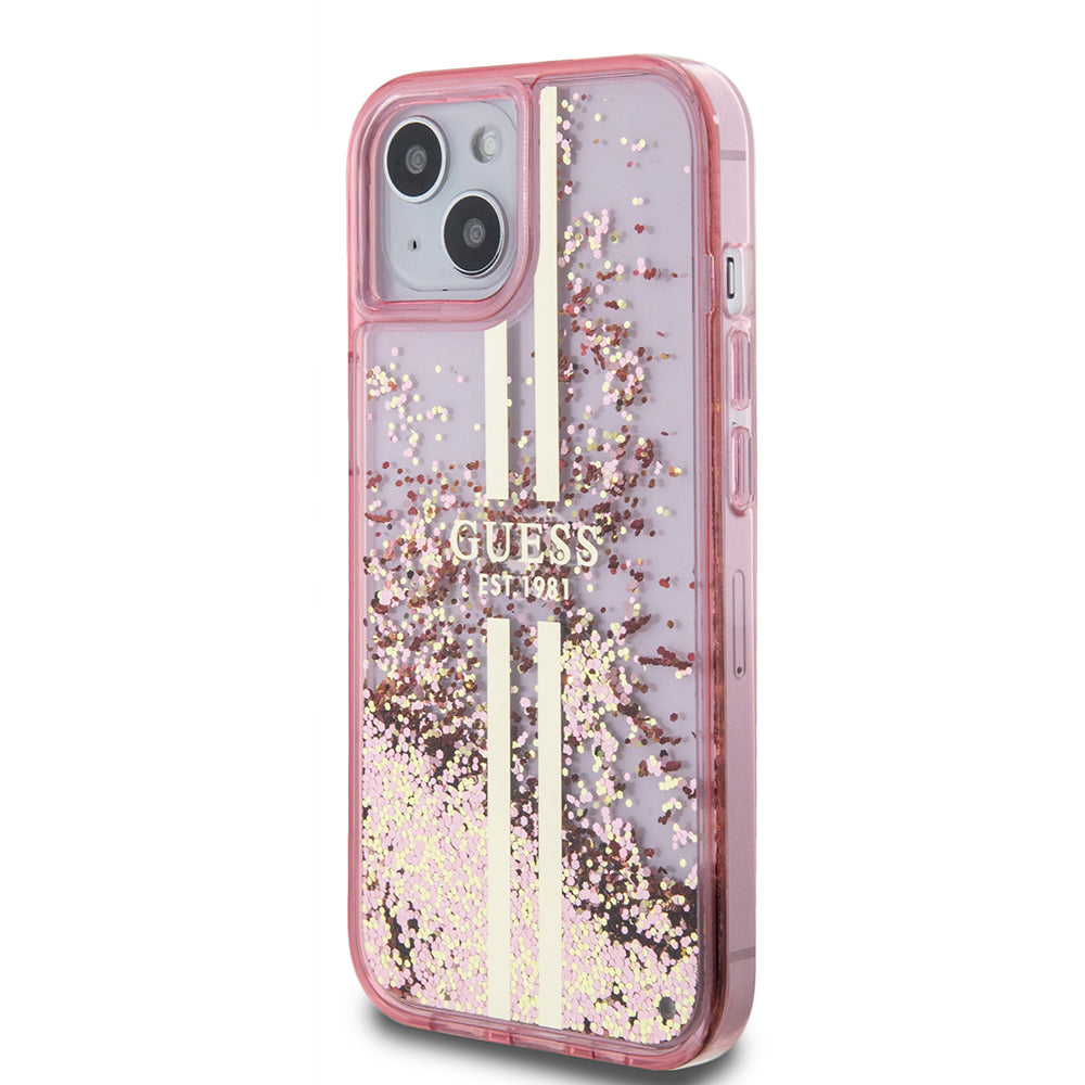 Deksel for Apple iPhone 15 Plus, Guess, Liquid Glitter Gold Stripes, Rosa