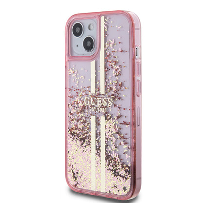Deksel for Apple iPhone 15 Plus, Guess, Liquid Glitter Gold Stripes, Rosa