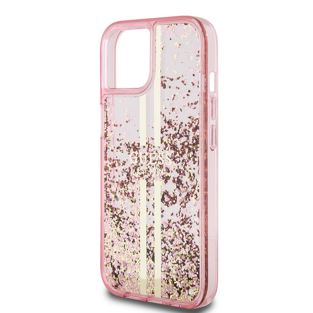 Deksel for Apple iPhone 15 Plus, Guess, Liquid Glitter Gold Stripes, Rosa