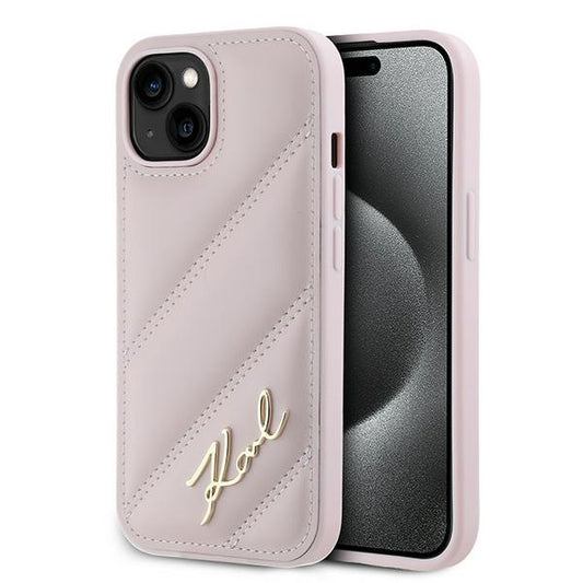 Deksel for Apple iPhone 15 Plus, Karl Lagerfeld, Diagonal Quilted Script, Rosa