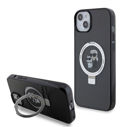 Deksel for Apple iPhone 15 Plus, Karl Lagerfeld, Ringstand Karl & Choupette, Svart