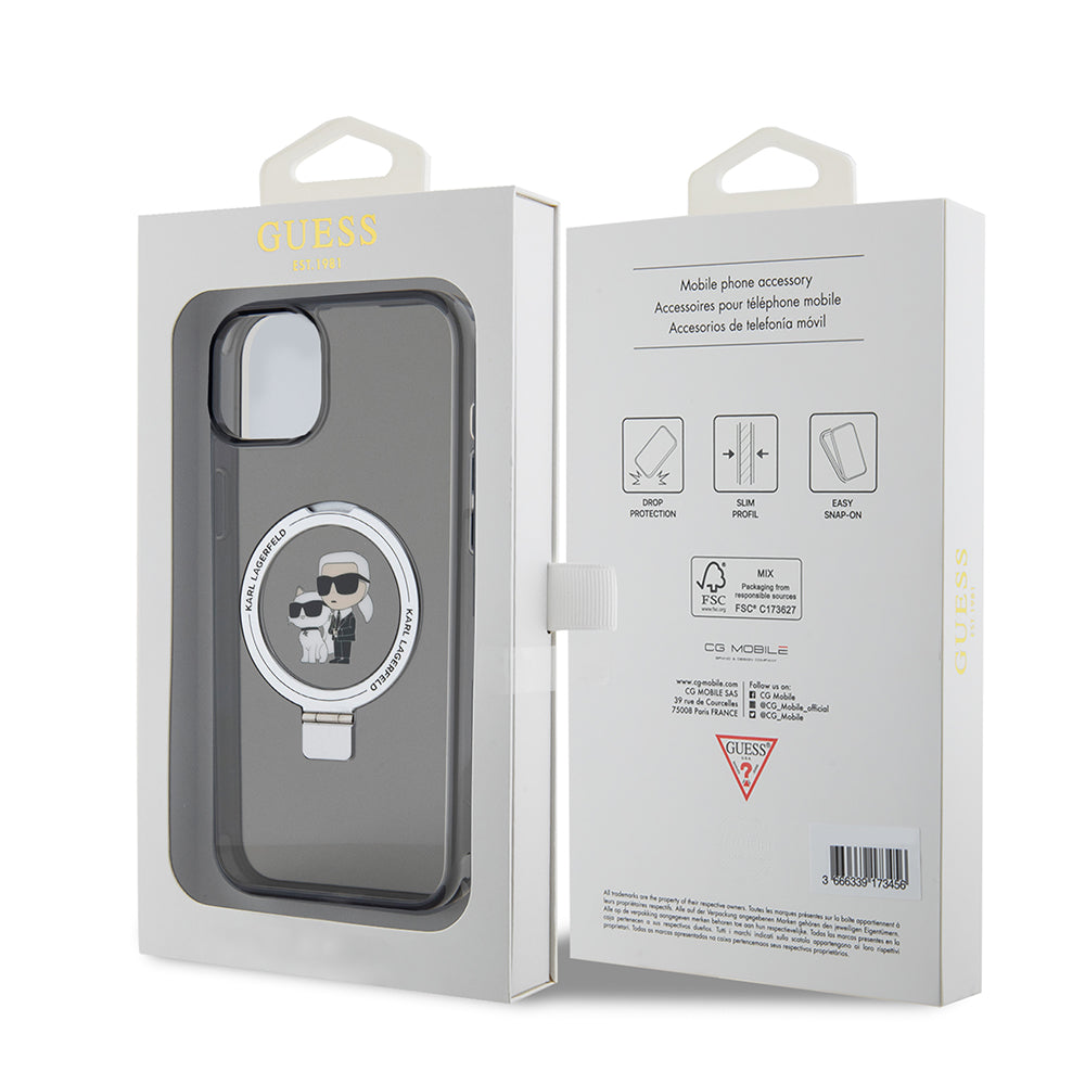 Deksel for Apple iPhone 15 Plus, Karl Lagerfeld, Ringstand Karl & Choupette, Svart