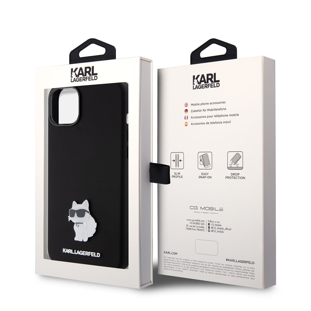 Deksel for Apple iPhone 15 Plus, Karl Lagerfeld, Silicone Choupette Metal, Svart