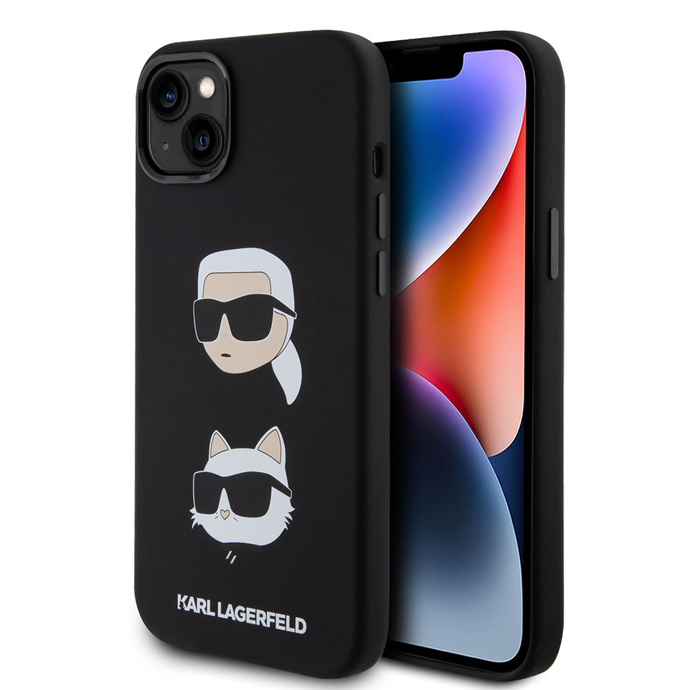Deksel for Apple iPhone 15 Plus, Karl Lagerfeld, Silicone Karl & Choupette's Heads, Svart