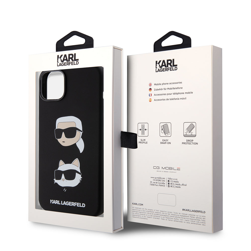 Deksel for Apple iPhone 15 Plus, Karl Lagerfeld, Silicone Karl & Choupette's Heads, Svart