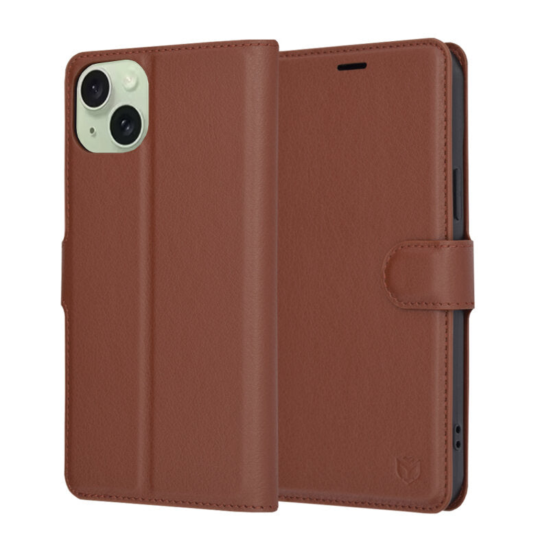 Deksel for Apple iPhone 15 Plus, Techsuit, Leather Folio, Brun