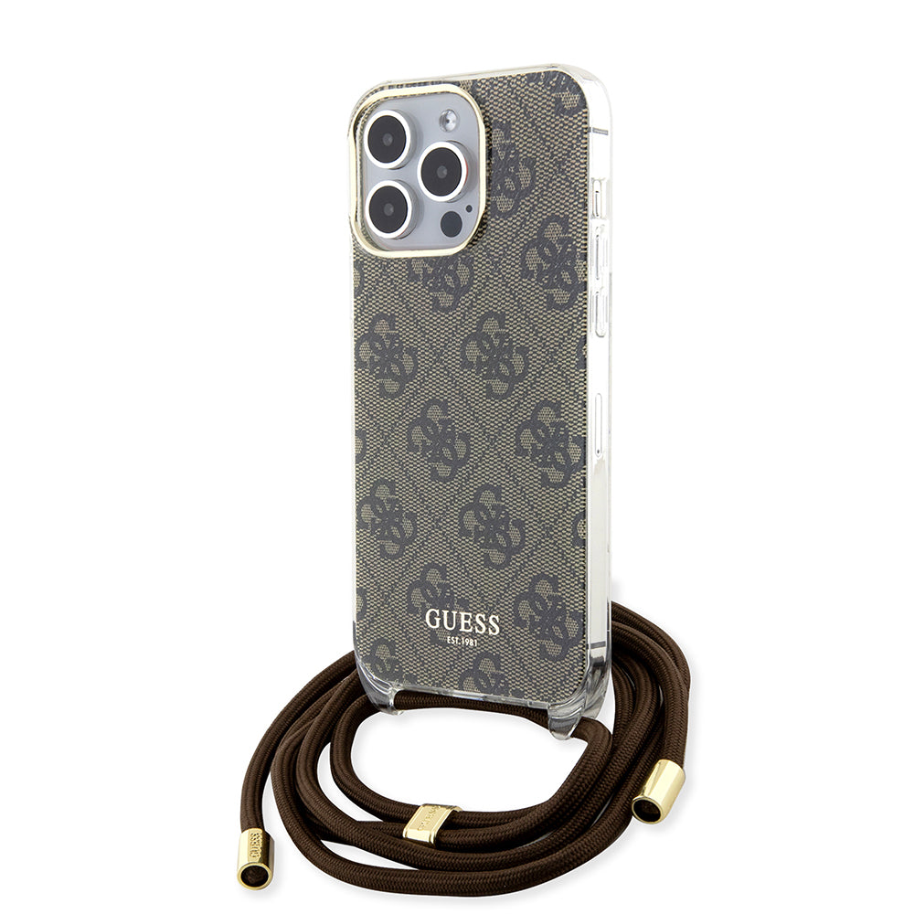 Deksel for Apple iPhone 15 Pro, Guess, Crossbody Cord 4G Print, Brun