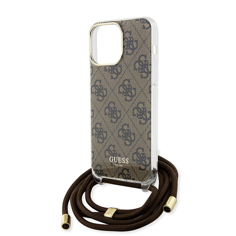 Deksel for Apple iPhone 15 Pro, Guess, Crossbody Cord 4G Print, Brun