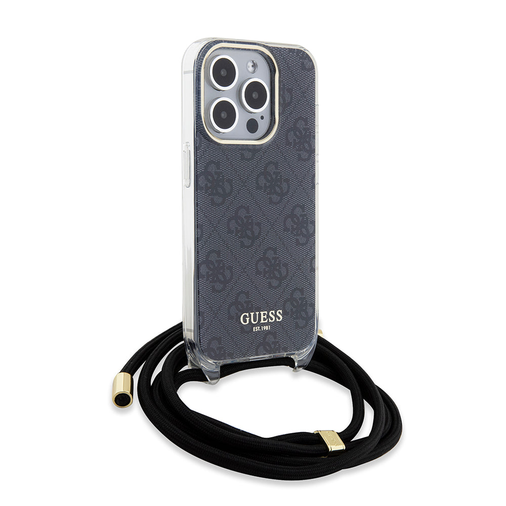 Deksel for Apple iPhone 15 Pro, Guess, Crossbody Cord 4G Print, Svart